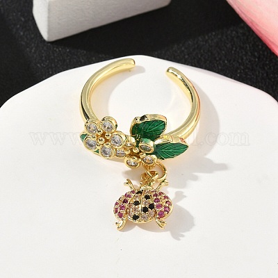 Кольца-манжеты с божьей коровкой из латуни с микропаве из кубического циркония RJEW-A069-03G-1