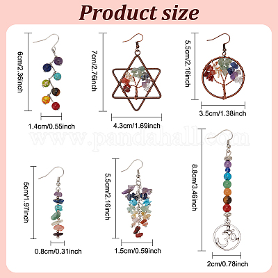 6 пара 6-х стилевых серег с подвесками в виде дерева жизни из натуральных смешанных драгоценных камней EJEW-AN0003-18-1