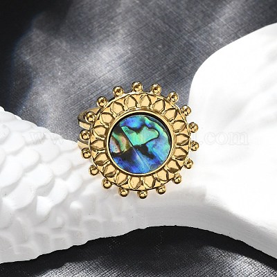 Плоские круглые перстни из ракушки пауа из нержавеющей стали 304 для женщин RJEW-G346-08G-01-1