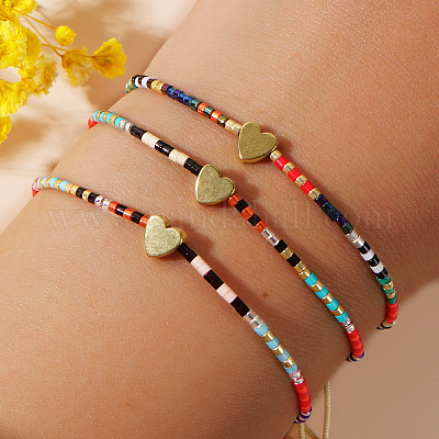 Браслеты в форме сердца из полосатого бисера и латуни LV4885-1