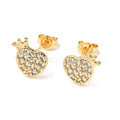 Серьги-гвоздики из латуни с микро-паве и прозрачным фианитом в форме сердца EJEW-A135-11G-1