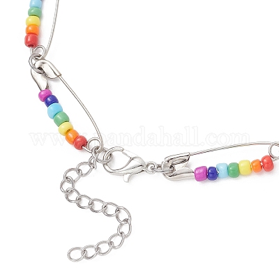 Чакра разноцветные стеклянные бусины из железных бусин с булавками ожерелья NJEW-JN05670-1