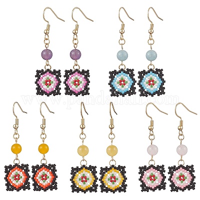 Серьги-подвески ручной работы из стеклянных бусин с узором «окно-решетка» EJEW-MZ00560-1