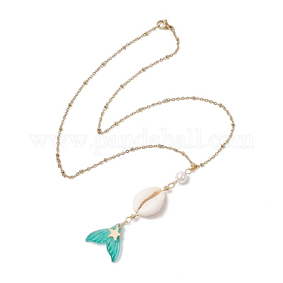 Ожерелья с подвеской в виде хвоста русалки из натуральной ракушки каури NJEW-JN05232-1