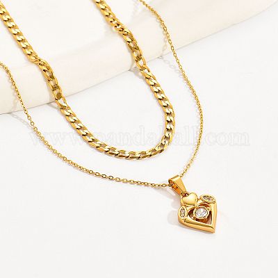 Элегантные двухслойные ожерелья с подвеской в виде сердца из нержавеющей стали 304 с кубическим цирконием EE4627-1