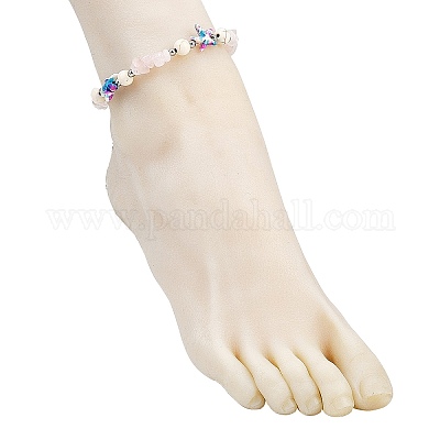 Браслеты на лодыжку с бусинами из окрашенной синтетической бирюзы и натурального розового кварца AJEW-AN00733-01-1