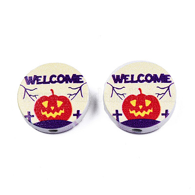 Бусины из натурального дерева с принтом на Хэллоуин WOOD-T021-76-1