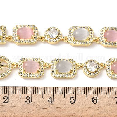 Теннисные ожерелья из латуни с микропаве из прозрачных кубических цирконий и разноцветными камнями кошачий глаз в форме прямоугольника NJEW-G183-05G-1