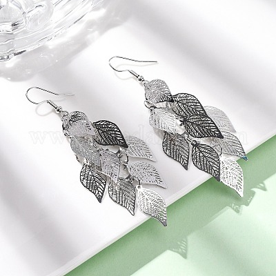 Серьги-подвески в форме листьев из нержавеющей стали 430 EJEW-A137-10P-1