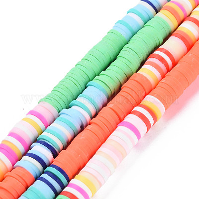 Handmade Polymer Clay Bead Strands, Heishi Beads, Disc/Flat Round, Mixed  Color(Main Color: Coral & Spring Green), 6x0.3~1.5mm, Hole: 1.6mm, about