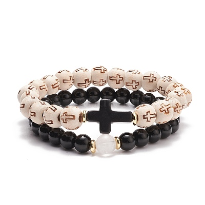 Bracciale Multistrato Elastico Marrone Con Perline In Argilla E Croce - Gioiello Colorato Femminile, Ideale Anche Per Auto - 6