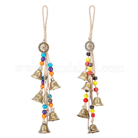 Ahadermaker 2pcs 2 ornamenti per campanelli eolici in ottone da appendere con perline di legno rotonde e quadrate AJEW-GA0005-68-1