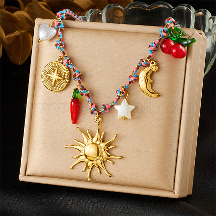 Женские ожерелья из хлопкового шнура с подвеской в виде вишни и перца из нержавеющей стали 304 и пластика NJEW-Z092-01G-02-1