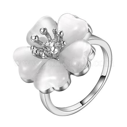 Real Platinum Plated Flower Tin Alloy Cat Eye Finger Rings for Women RJEW-BB09426-8P-1