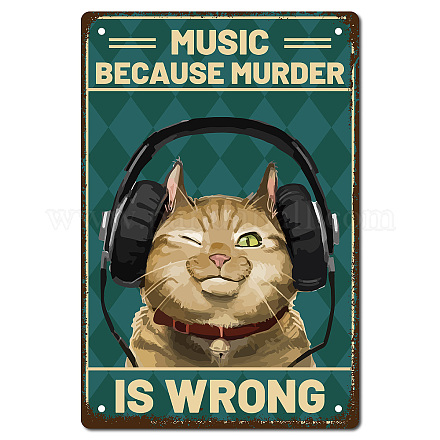 Creatcabin Plaque en métal en forme de chat - Musique parce que le meurtre est faux - Affiche en métal vintage rétro - Art mural à suspendre - Plaque de peinture en fer - Animaux amusants pour la maison AJEW-WH0157-525-1