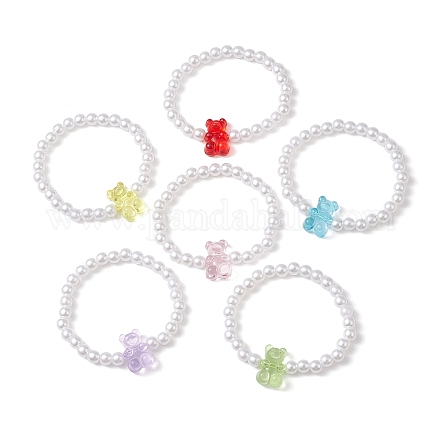 6 Uds. Juego de pulseras elásticas con cuentas de perlas y oso acrílico de 6 colores para niños BJEW-JB10047-1