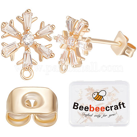 Beebeecraft 1 scatola 20 pezzi orecchini a bottone con zirconi placcati in oro 18k fiocco di neve orecchino con anello e dadi per orecchie in ottone per l'inverno natale capodanno compleanno orecchino fai da te creazione di gioielli KK-BBC0004-97-1