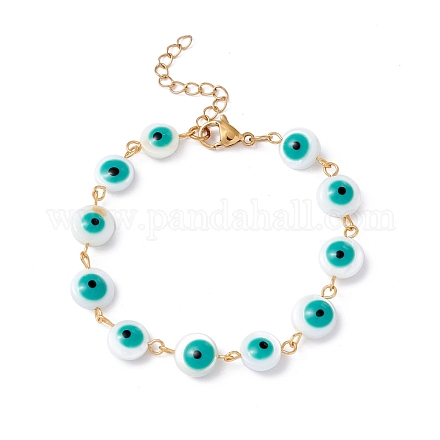 Natural Shell Flat Round with Evil Eye Link Chain Bracelet with Enamel BJEW-C015-20G-03-1