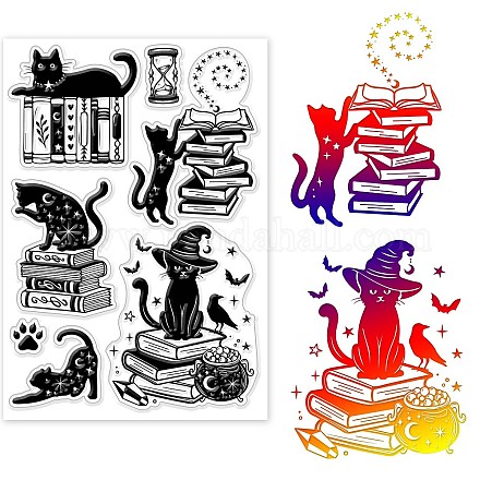 Globleland 猫と魔法の本の背景クリアスタンプ猫装飾クリアスタンプカード作成やフォトアルバムの装飾用シリコンスタンプカード作成スクラップブッキング DIY-WH0448-0107-1