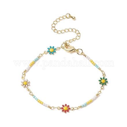 Bracciale a catena a maglie di fiori in ottone con semi di perline per donna BJEW-JB09297-1