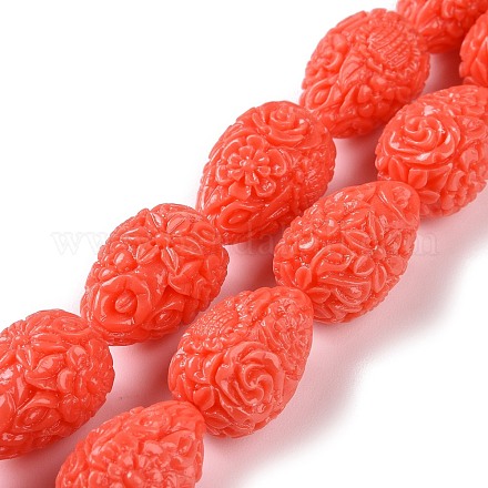 Dyed Synthetical Coral Teardrop Shaped Carved Flower Bud Beads Strands CORA-L009-03-1