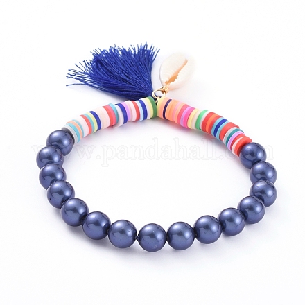 (vente d'usine de fêtes de bijoux) bracelets extensibles à breloques avec pompons BJEW-JB05080-04-1