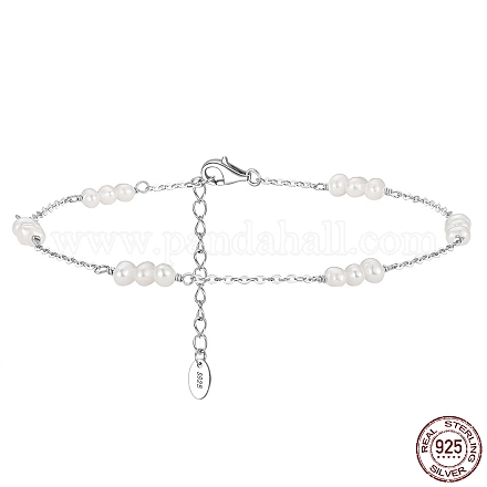 Tobillera con eslabones de perlas naturales de agua dulce y cadena de cable de plata de ley chapada en rodio para mujer AJEW-F162-015P-1