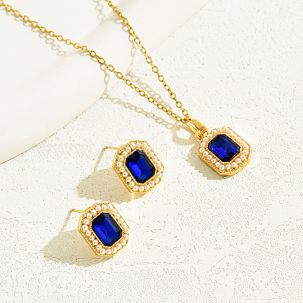 Комплект из серег-гвоздиков и ожерелья с подвеской из нержавеющей стали 201 с синими геометрическими фигурами и кубическим цирконием для женщин FK6970-1