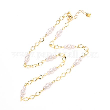 女の子の女性のための手作りのccbプラスチック模造真珠ビーズネックレス  真鍮のチェーン付き  ゴールドカラー  17.32インチ（44cm） NJEW-JN03656-1