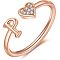 Adjustable Brass Rhinestone Cuff Rings, Letter & Heart, Rose Gold, Letter P, Inner Diameter: 15~20mm