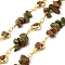 Handmade Brass Link Chains, with Unakite & Glass Beads & Spool, Long-Lasting Plated, Soldered, Lead Free & Cadmium Free, Heart, Golden, Heart Links: 12.5x7.5x3mm