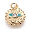 Brass Pendants, with Enamel and Cubic Zirconia, Flat Round with Eye, Clear, Golden, 17x15x3mm, Hole: 3.5mm