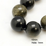 Brillo dorado natural de abalorios de obsidiana hebras, redondo, 10mm, agujero: 1 mm, aproximamente 38 pcs / cadena, 16 pulgada