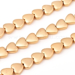 Granos de hematites sintético no magnéticos electrochapados hebras, esmerilado, corazón, chapado en oro de la luz, 8x8x3mm, agujero: 0.8 mm, aproximamente 55 pcs / cadena, 15.75 pulgada (40 cm)