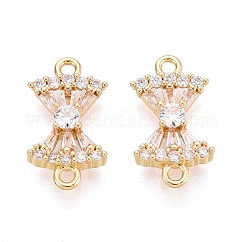 Ciondoli connettore in ottone con pavé di zirconi cubici trasparenti, Collegamenti bowknot, placcato di lunga durata, oro, 11x20x4mm, Foro: 1.6~1.8 mm