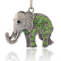 Strass lega di stile tibetano grandi ciondoli,  cadmio& piombo libero, elefante, argento antico, peridoto, 43x51x5.5mm, Foro: 3.5 mm