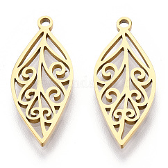 Colgantes de acero inoxidable 304 con revestimiento iónico (IP), Corte con laser, encanto de la hoja, real 18k chapado en oro, 25x10.5x1.5mm, agujero: 1.6 mm