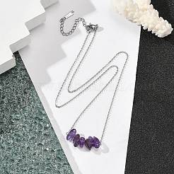 天然アメジストチップペンダントネックレス  304ステンレススチールアズキチェーンネックレス  ステンレス鋼色  16.65インチ（42.3cm）&nbsp;NJEW-JN05097-03