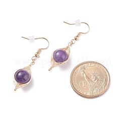 ナチュラルアメジスト編み込みダングルピアス  女性のための真鍮の楕円形のドロップピアス  ゴールドカラー  46mm  ピン：0.6mm&nbsp;EJEW-JE04845-01