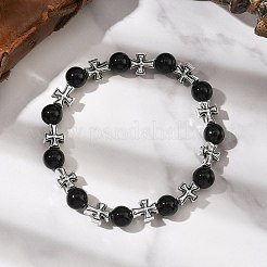 3 bracciale elastico con perle rotonde in onice nero naturale&nbsp;BJEW-JB12343