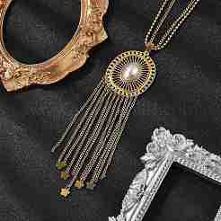 Ожерелья с подвеской в виде овальной кисточки из богемной нержавеющей стали 304 и искусственного жемчуга для женщин&nbsp;NJEW-Z061-11G