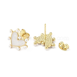 女性のためのラックメッキ真鍮エナメルスタッドピアス  アクリルビーズとイヤーナット付き  カドミウムフリー＆鉛フリー  ハート  18KGP本金メッキ  14x15mm  ピン：0.8mm&nbsp;X-EJEW-G311-02G