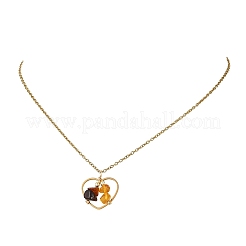 Collane con ciondolo a cuore in acciaio inossidabile 304 e catena a maglie sottili con perline di ambra naturale per donna&nbsp;NJEW-JN06695
