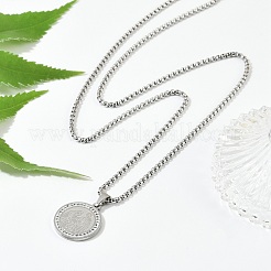 Collane con catena a maglie piatte e pendenti tonde in acciaio inossidabile 201 micro pavé di zirconi cubici trasparenti per uomo&nbsp;NJEW-S387-03P