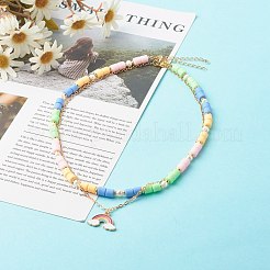 ポリマークレイビーズネックレスセット  合金エナメルレインボーペンダントとパール付き  真鍮製アズキチェーンとビーズ  カラフル  17.72インチ（45cm）  18.11インチ（46cm）  2個/セット&nbsp;NJEW-JN03619