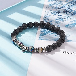 Bracelet extensible en pierre de lave naturelle et agate tibétaine avec tube en alliage perlé&nbsp;BJEW-JB08322-03