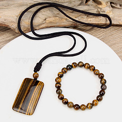 Armbänder aus runden Naturperlen aus Tigerauge und Halsketten-Sets mit rechteckigem Anhänger für Damen&nbsp;WGAB457-01
