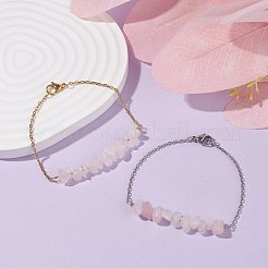 2個2色の天然ローズクォーツチップビーズリンクブレスレットセット、304ステンレススチールアズキチェーン付き  女性のためのアクセサリー用原石のアクセサリー  7-1/2インチ（19cm）&nbsp;BJEW-JB07914-06