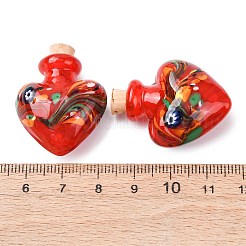 手作りランプワーク香水瓶ペンダント  ハートチャーム  コルク付き  レッド  32~33x25~26x14~15mm&nbsp;LAMP-H072-02C