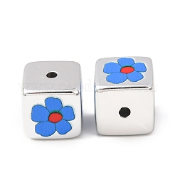 プリントメッキアクリルビーズ  キューブ  銀メッキ  藤紫色  花  14x14x14mm  穴：2.5mm&nbsp;AC-CBA655C-17E